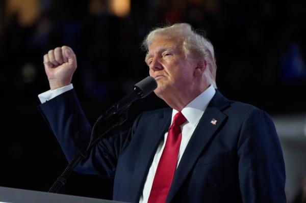 Republican presidential candidate and former president, Do<em></em>nald Trump, speaks during the final day of the Republican Natio<em></em>nal Co<em></em>nvention Thursday, July 18, 2024