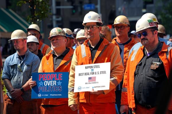 Some US Steel employees rallied in downtown Pittsburgh in support of the Nippon Steel deal on Sept. 4, 2024.
