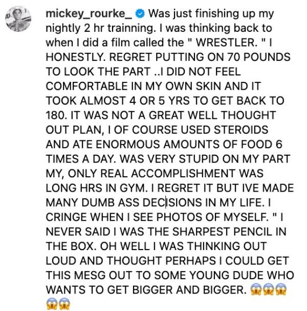 Mickey Rourke took to social media to share how he really trained for 