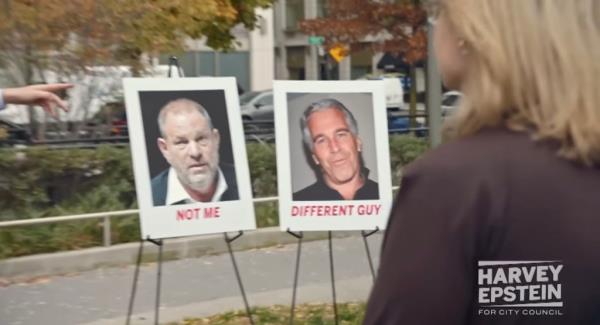 Actor John Mulaney portraying Harvey Epstein in a Saturday Night Live skit, advertising for a city council election run