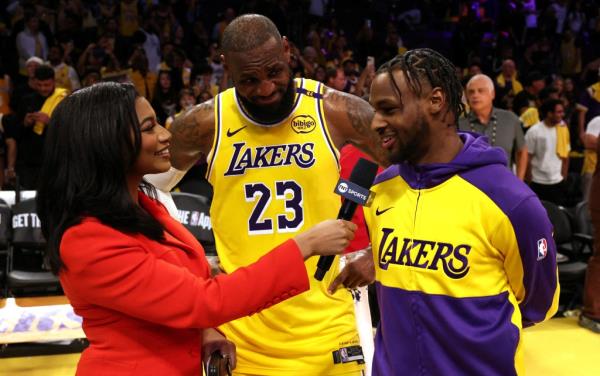 Taylor Rooks interviewing LeBron James and Bro<em></em>nny James after a Los Angeles Lakers victory over the Minnesota Timberwolves on October 22, 2024