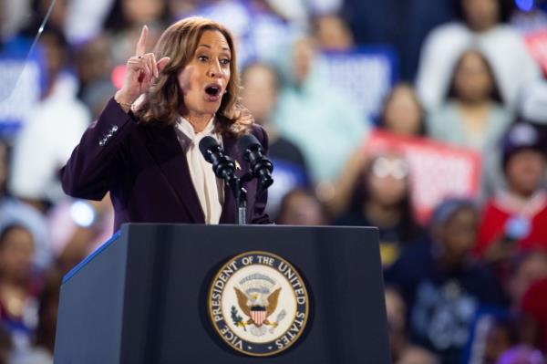 US Vice President and Democratic presidential nominee Kamala Harris speaks during a campaign rally at the Shell Energy Stadium in Houston, Texas on Oct. 25, 2024.