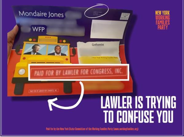 A graphic from the Working Families Party accusing Rep. Mike Lawler's campaign of sending campaign materials to intentio<em></em>nally co<em></em>nfuse members.