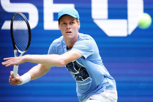 Jannik Sinner of Italy returns the ball during a practice session prior to the start of the 2024 US Open at USTA Billie Jean King Natio<em></em>nal Tennis Center on August 22, 2024 in the Flushing neighborhood of the Queens borough of New York City.