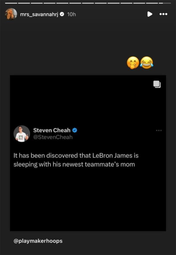 Savannah James reacts to jokes a<em></em>bout LeBron James and Bro<em></em>nny James being teammates on the Lakers. 