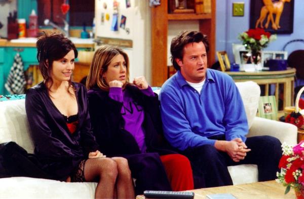 Courteney Cox, Jennifer Aniston and Matthew Perry are shown in a scene from the NBC series 