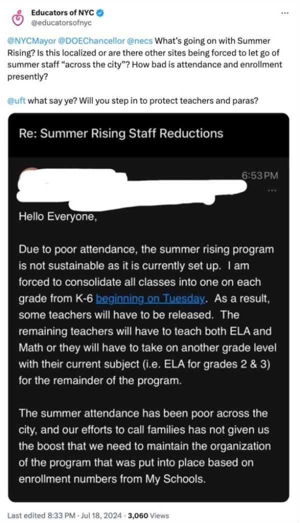 A screenshot of a phone displaying information a<em></em>bout the Summer Rising program's poor attendance