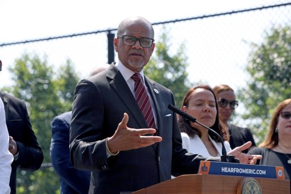 New York City Mayor, Eric Adams, and Council Speaker, Adrienne Adams, delivering a speech at a press co<em></em>nference on education budget at PS 184 M Shuang Wen School