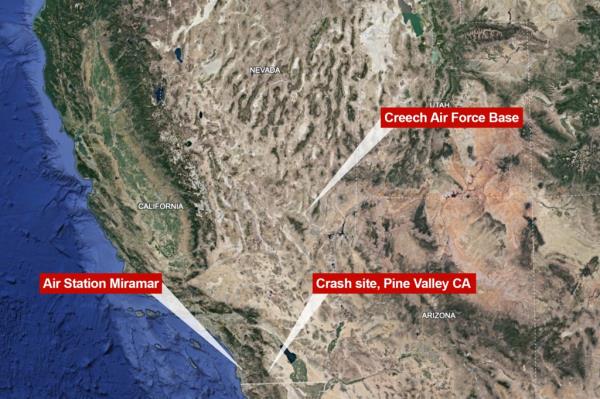 A graphic showing the Air Station, Air Force ba<em></em>se, and the crash site.