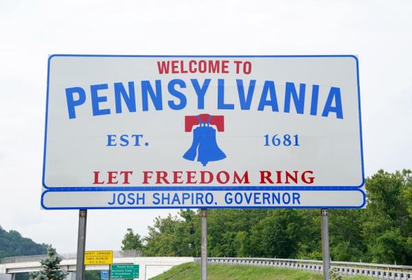 Welcome to Pennsylvania sign with Governor Josh Shapiro's name, photographed in Delaware Water Gap, PA on July 29, 2024.