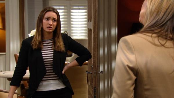 Gabby talking to Kim at Home Farm in Emmerdale