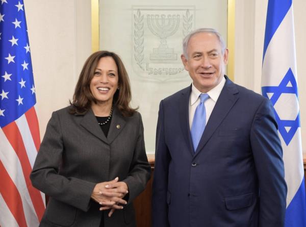 Then-senator Kamala Harris, left, hosted by Prime Minister Benjamin Netanyahu in his Jerusalem office, November 2017. 