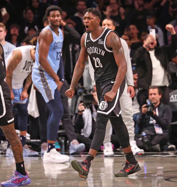Brooklyn Nets reacts at the end of the second half when the Brooklyn Nets defeated the Memphis Grizzlies 106-104 Monday, November 4, 2024 at Barclays Center in Brooklyn, NY. 