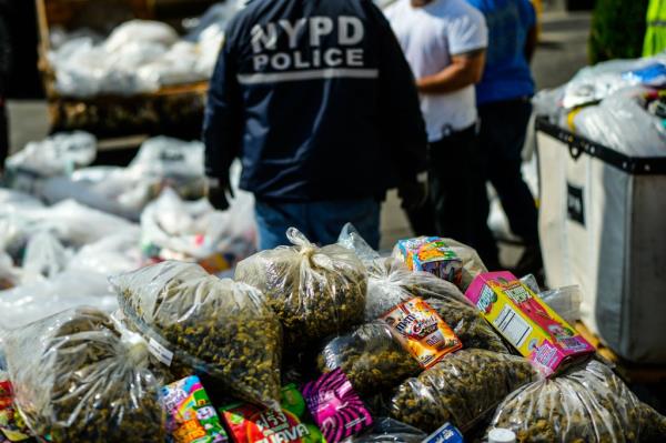 Sheriff Anthony Miranda destroyes more than four tons, or 576 bags, of seized, illegal cannabis products as inspectors of the New York City Sherriff's Joint Compliance Task Force have shut down and sealed more than 1,000 illegal cannabis and smoke shops