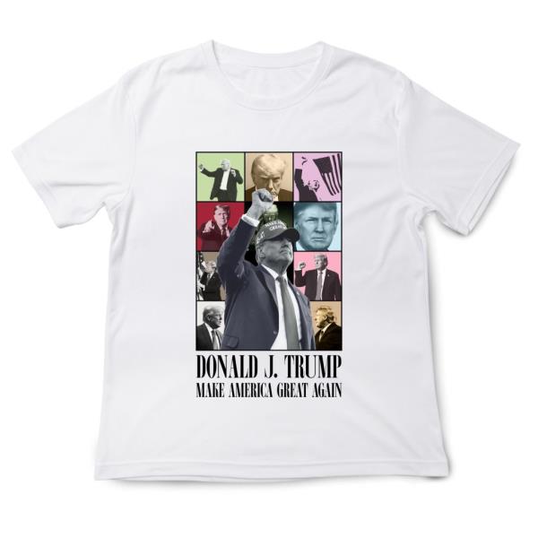 White T-shirt featuring colorful images of Do<em></em>nald Trump during his presidency, inspired by Taylor Swift's Eras tour merchandise.