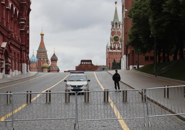 A Russian Police officer guards the Red Square near the Kremlin on June 24, 2023 in Moscow, Russia.