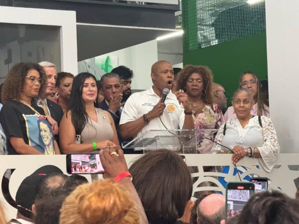 NY Gov. Kathy Hochul speaks at the NY Democrat party's endorsement of Kamala Harris-Tim Walz presidential campaign alo<em></em>ngside NYC Mayor Eric Adams on Aug. 14, 2024.