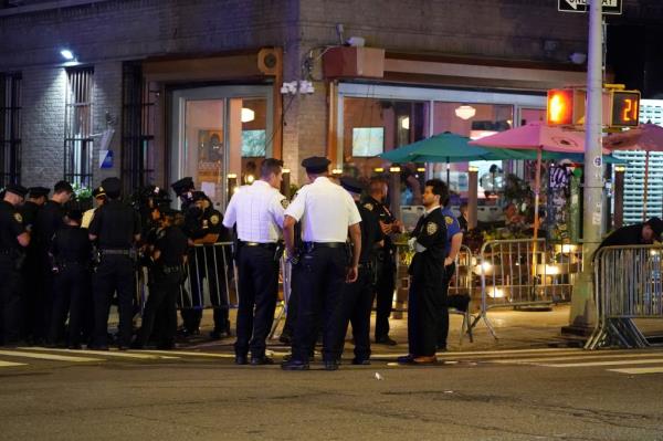 One protester appeared to try to swipe at cops with a cardboard sign, leading several officers to grab the demo<em></em>nstrator and arrest her on the sidewalk. 