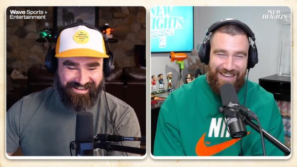 Travis Kelce Laughs at Brother Jason’s Joke a<em></em>bout Taylor Swift’s ‘Rookie Year’ Super Bowl