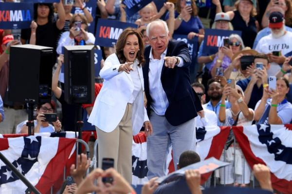 Vice President and Democratic presidential candidate Kamala Harris and her running mate Minnesota Governor Tim Walz attend a campaign event in Eau Claire, Wisco<em></em>nsin on Aug. 7, 2024.