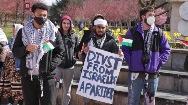 Students at Rutgers University participating in a die-in protest organized by the Endowment Justice Collective, calling attention to killings in Gaza.