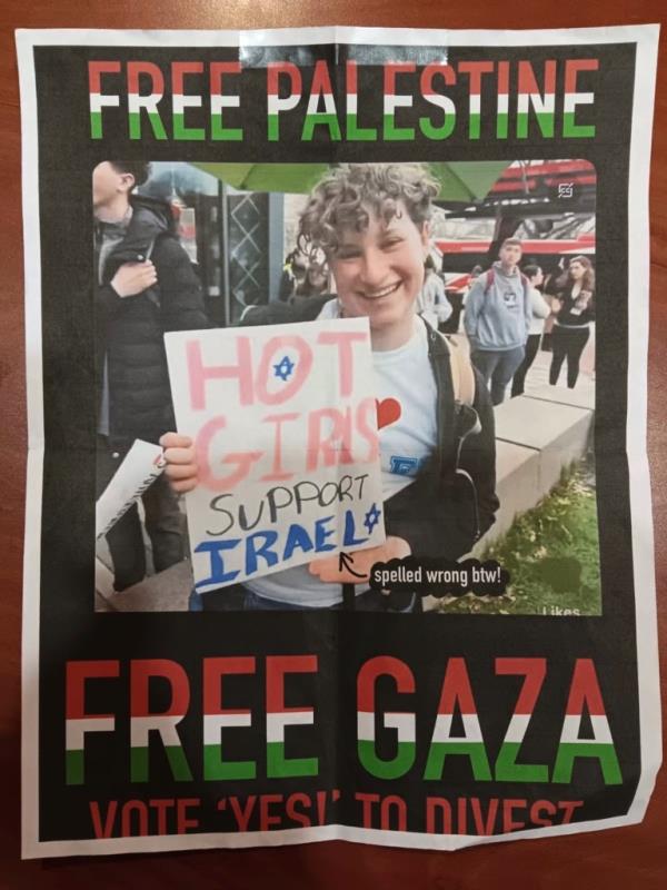 Rivka Schafer, a Rutgers student, holding a sign at a pro-Israel march, unintentio<em></em>nally featured on Free Palestine, Free Gaza campus posters