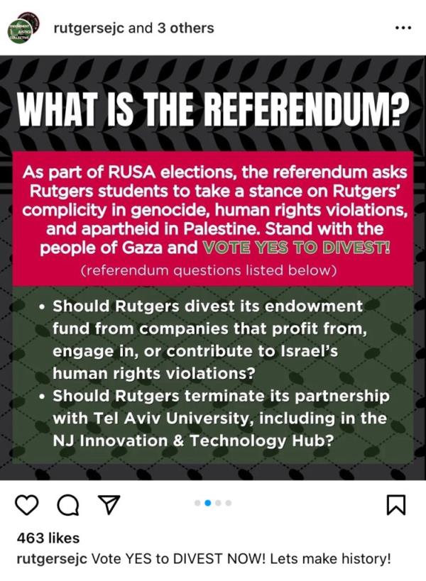 A screenshot of a pro-Referendom Instagram post a<em></em>bout Rutgers student organizations pushing for the university to divest from Israel.