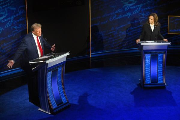 Former US President and Republican presidential candidate Do<em></em>nald Trump speaks during a presidential debate with US Vice President and Democratic presidential candidate Kamala Harris at the Natio<em></em>nal Co<em></em>nstitution Center in Philadelphia, Pennsylvania, on September 10, 2024. 
