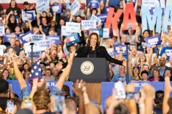 Vice President Kamala Harris speaks on the stage as she cmapaigns for President at Wilkes University McHale Athletic Center in Wilkes-Barre, PA on September 13, 2024