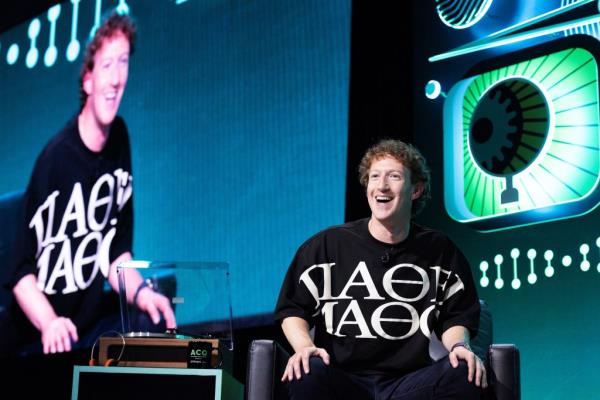 me<em></em>ta's CEO Mark Zuckerberg sitting on a chair during a live podcast recording at the Chase Center in San Francisco, California, September 10, 2024.