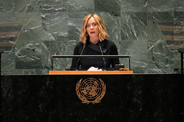 Prime Minister of Italy Giorgia Meloni addresses the 79th session of the United Nations General Assembly, Tuesday, Sept. 24, 2024