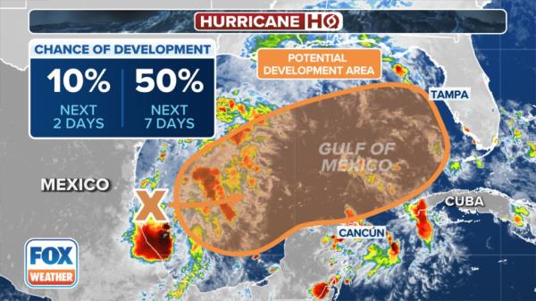 Map of Gulf of Mexico with forecast graphics highlighting orange and red areas