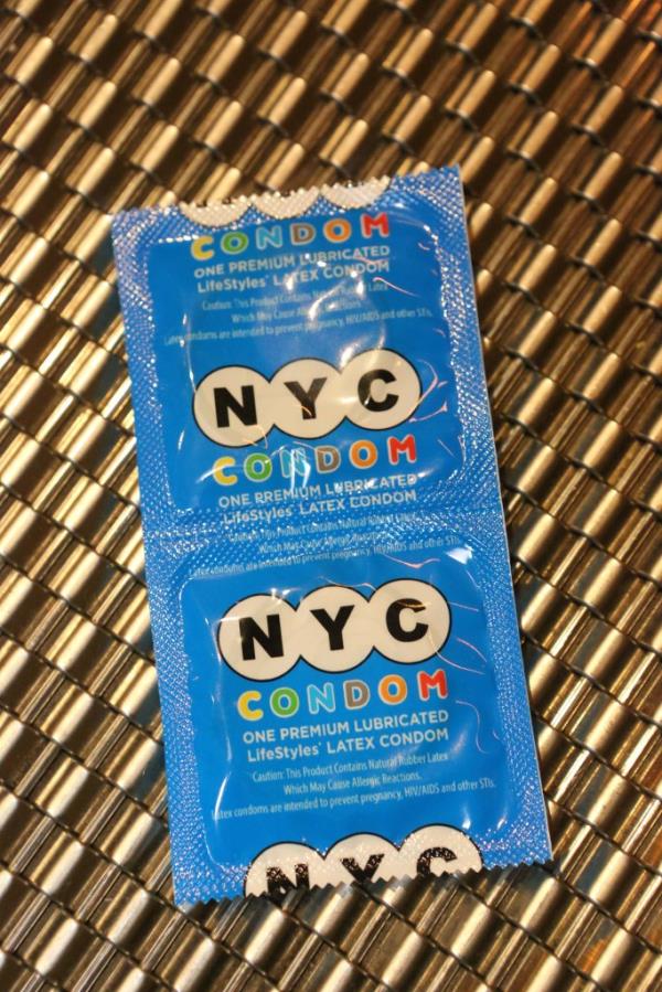 NYC branded co<em></em>ndoms on a table.