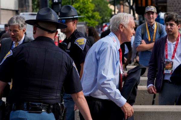 Rep. Ron Johnson walking into the Fiserv Forum secure area during the third day of the 2024 Republican Natio<em></em>nal Co<em></em>nvention in Milwaukee