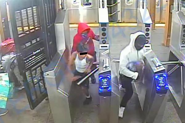 Surveillance image of a group of masked and hooded teenagers, including an 11-year-old Venezuelan migrant, suspected in a series of robberies and assaults in Central Park, on Vernon Jackson subway