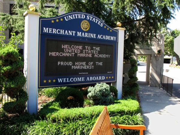 A sign welcomes visitors at the entrance to the U.S. Merchant Marine Academy in Kings Point, N.Y.