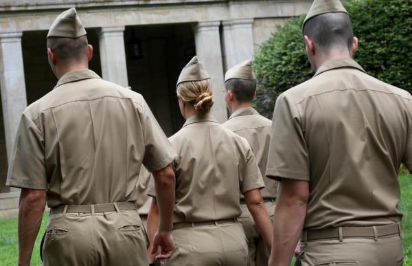 Merchant marines walk to class at the United States Merchant Marine Academy in Kings Point, NY, on August 01, 2016.