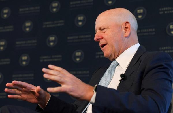 Goldman Sachs CEO David Solomon gesturing during the Boston College Chief Executives Club luncheon in Boston, Massachusetts.