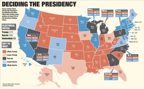 Map of the United States used for deciding the presidency for Sunday News