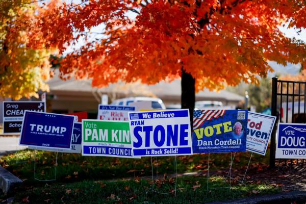 Campaign signs displayed outside Black Mountain Library in North Carolina during early voting for the US presidential election between Do<em></em>nald Trump and Kamala Harris, October 21, 2024