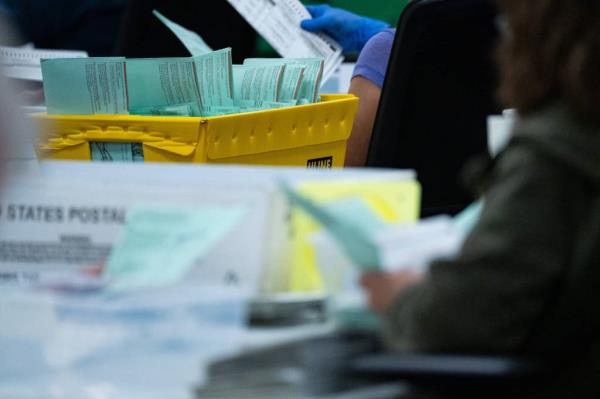 Officials counting early voter and mail-in ballots at the Maricopa County Tabulation and Election Center in Phoenix, Arizona on Oct. 23, 2024.
