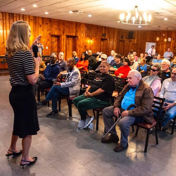 Sue Altman, candidate for the House of Representatives in NJ participates in a town hall meeting in Warren County, Sept. 28, 2024