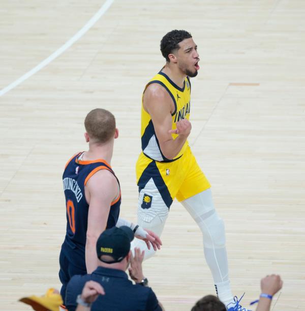 Pacers guard Tyrese Haliburton reacts after scoring against the Knicks during Sunday's Game 4.