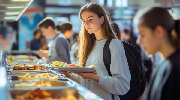 A co<em></em>ncerned girl holding a tray of potentially tainted food in a school setting