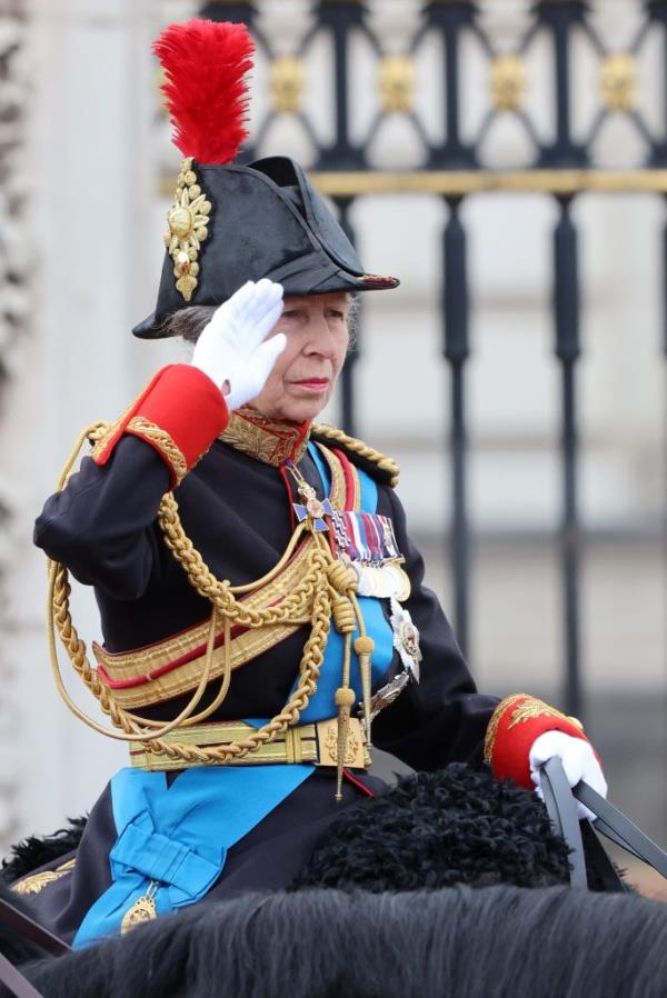 Princess Anne, in military uniform, saluting during Trooping the Colour ceremony at Buckingham Palace, Lo<em></em>ndon in 2024