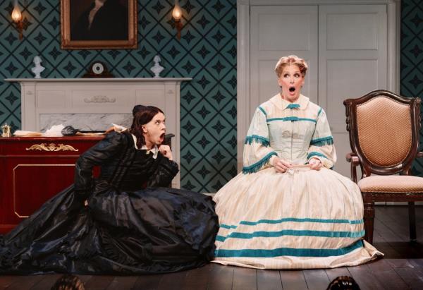 Abraham Lincoln (Co<em></em>nrad Ricamora) and his wife Mary Todd Lincoln (Cole Escola) in the off-broadway production of 