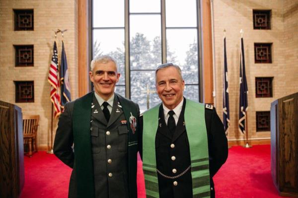 Corey Bjertness and an unnamed Norwegian Homeguard chaplain, both in uniform