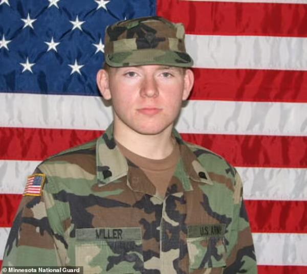 Soldier Kyle Miller in front of US flag.