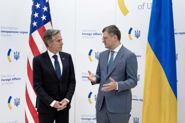 Ukraine's Foreign Minister Dmytro Kuleba and US Secretary of State Antony Bl<em></em>inken make a statement to media ahead of their meeting at the Ministry of Foreign Affairs in Kyiv,  Ukraine on September 6, 2023. 