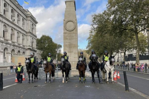 LONDON, UNITED KINGDOM - NOVEMBER 04: A group of people hold a gathering near the Cenotaph war memorial in Whitehall, following row over removing of flags and claims related to pro-Palestinian rallies in London, United Kingdom on November 04, 2023. (Photo by Burak Bir/Anadolu via Getty Images)